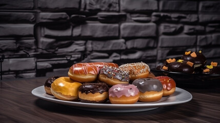 Canvas Print - plate with donuts on a brick wall background Generative AI