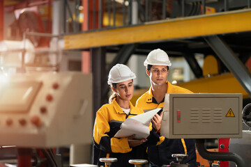 Wall Mural - factory engineering manager teaching female mechanic trainee for job training and apprentice. young apprentices in technical vocational training are taught by older trainers on a cnc lathes machine