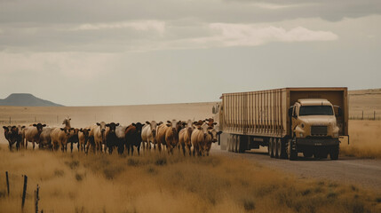 Canvas Print - An animal transport truck taking cattle to pasture Generative AI