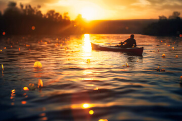 Wall Mural - A golden sun sets over a calm lake as kayakers glide through the water, their oars making ripples in the glassy surface