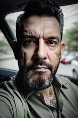 Wall Mural - man in car, dark full beard with white whiskers streaked, he wears a khaki shirt and has brown eyes and tattoo on chest created with Generative AI technology