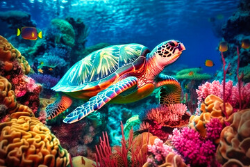 Wall Mural - A vibrant coral reef bustling with colorful fish and sea turtles lazily swimming