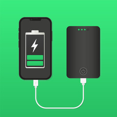 Poster - Smartphone charging with power bank. Two devices, charged smartphone connected to the power bank. The smartphone is half charged. Power bank. Flat style. Vector illustration