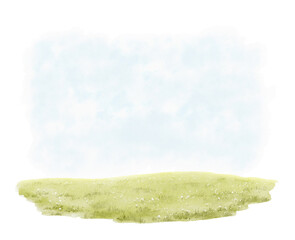 watercolor vintage composition with green lawn and blue sky on white background. watercolor hand dra