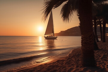 Wall Mural - Beautiful tropical beach with palm trees silhouettes at dusk.