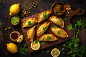 Wall Mural - Top-down view of freshly baked empanadas with golden, flaky crust and savory meat filling, served with a side of chimichurri sauce and sliced lemons, generative ai