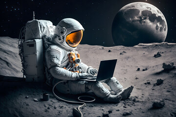 Wall Mural - astronaut in outer space working on a laptop. neural network ai generated art