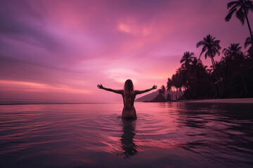 woman in casual summer dress walking barefoot by the waterline and look to the waves. sporty lady on