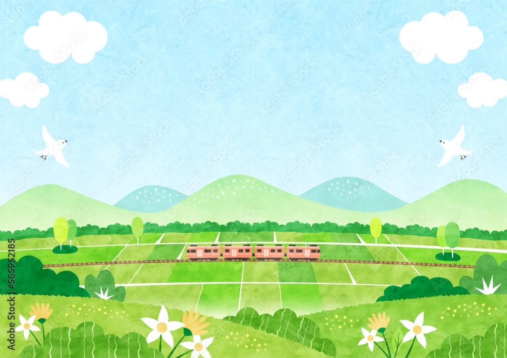 田舎を走る電車と新緑の田園風景 自然あふれる水彩背景イラスト