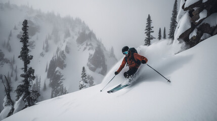 Canvas Print - Skier going down a snowy mountain Generative AI