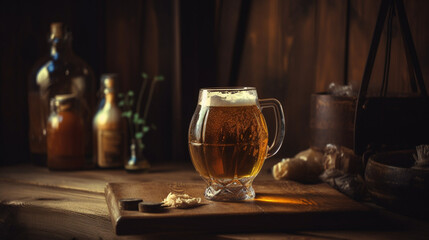 Canvas Print - glass of beer on a rustic kitchen background Generative AI