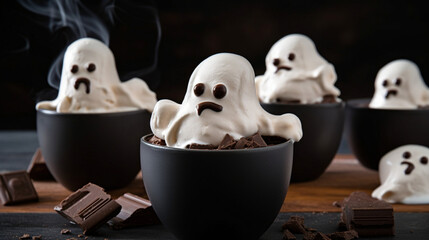 Sticker - Chocolate fudge ice cream with ghost-shaped marshmal Generative AI