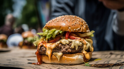 Sticker - Burger with special sauce at a food festival Generative AI