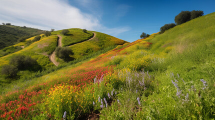 Poster - A rolling hillside with vineyards and blooming Generative AI