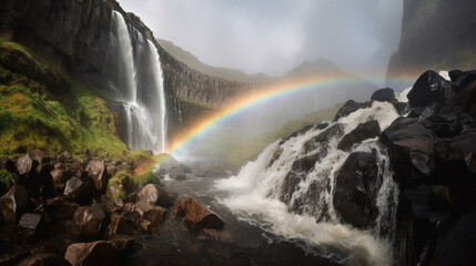 Canvas Print - A dramatic waterfall with cascading water and misty Generative AI