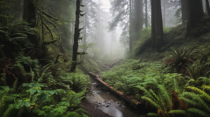 Wall Mural - A misty foggy forest with towering redwoods Generative AI