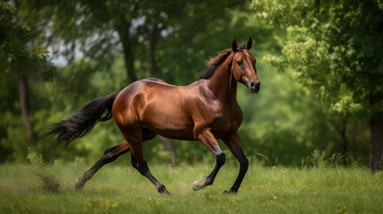 Wall Mural - A horse galloping freely in a green field Generative AI