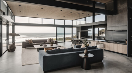 Poster - A contemporary beach house with floor-to-ceiling Generative AI