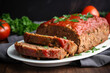 Moist and tender meatloaf made with a blend of ground beef and pork, garnished with sliced tomatoes and fresh parsley, generative ai