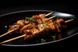 macro shot of yakitori skewers with delicate char marks and an irresistible golden glaze, garnished with fresh scallions and served on a black ceramic plate, generative ai