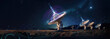 collection Set of Radio telescopes at night with starry nights releasing with hologram hud as wide banner for space research and discovery and futuristic communication concepts - Generative AI