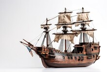 16th Century Galleon Ship Isolated On White Background. The Model Is Generally Mounted On A Base For Display And May Include Features Such As Miniature Cannons, Rigging, And Sails.