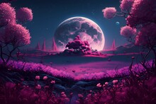 Fantasy Landscape With Pink Moon And Fairy Garden, Generative Ai