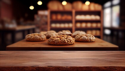 Wall Mural - Empty wood table top on blur bakery shop or cafe restaurant with abstract bokeh background