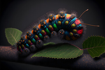 Giant bright multi-colored caterpillar on black background created with generative AI technology