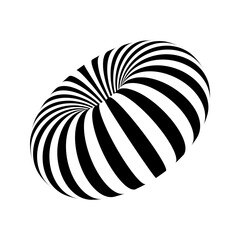 3D striped torus shape in perspective. Donut figure in three dimensional space with black and white lines. Circular object with hole in center