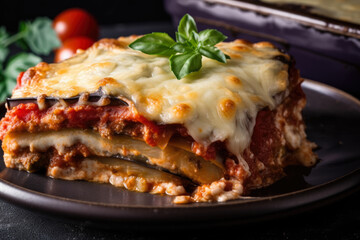 Hearty Eggplant Parmesan with a Golden Brown Crust, Layers of Tomato Sauce, and Melted Cheese, generative ai