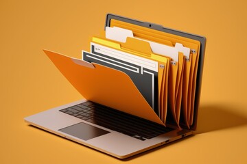 Laptop and file folder, yellow background, Generative AI