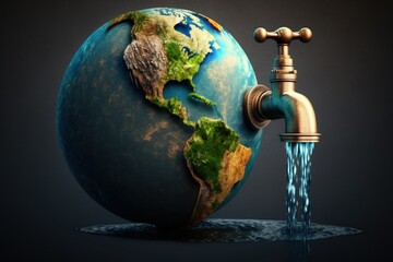planet earth with faucet, world water day, concept of environmental preservation and water saving, g