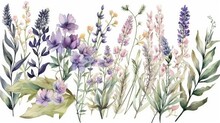 Beautiful Watercolor Arrangements Of Lavender Bouquets With Wildflowers, Leaves, And Branches On Botanic Wall - Generative AI