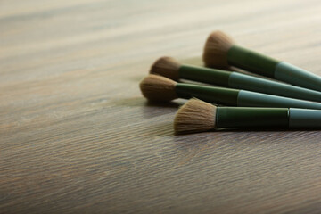 Set of makeup brushes on wooden background