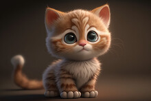 Cute Realistic Baby Kitten 3d Character. Cartoon Cat With Big Eyes. 3d Render Illustration. Generative AI Art. Cartoon Little Kitten Isolated On Flat Studio Background.
