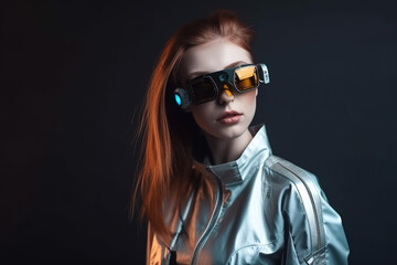 Wall Mural - Sexy young woman wearing futuristic sunglasses, cosmic fashion style, generative AI