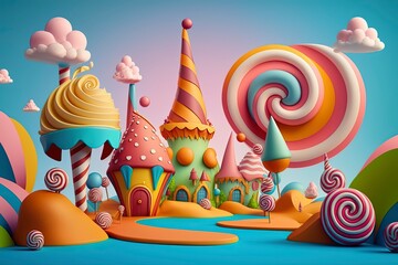 Fantasy candy land, candy world background, illustration, Generative AI