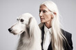 © TRINETTE + CHRIS - Portrait of mature senior woman with white dog that looks like her. Generative AI.