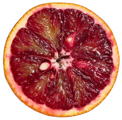 Wall Mural - Juicy round piece of red orange on a white isolated background, top view