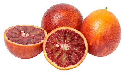 Wall Mural - Whole and half red orange on white isolated background, delicious citrus