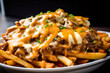 Close-up shot of loaded Poutine with a generous serving of crispy fries, cheese curds, savory gravy, and succulent pulled pork, generative ai