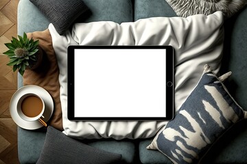 Mockup - Blank tablet screen lies on the table or on a pillow with coffee. Ideal for your app, concept template or website presentation. Generative AI 