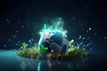 Wall Mural - earth day, planet in the grass with a blue background