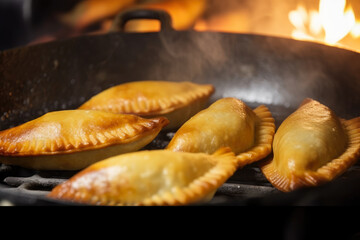 Wall Mural - Close-up of empanadas being fried in a pan, showing off their crispy and golden exterior with steam rising from the hot oil, generative ai