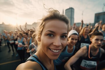 Wall Mural - female marathon runner  is taking a selfie while running through a crowd of other runners, with the city skyline in the background , wide angle view. Generative AI