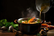Bouillabaisse Soup In A Rustic Copper Pot With Steam Rising From The Surface, Surrounded By Fresh Herbs And Spices, Generative Ai