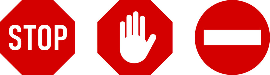 Poster - Icon Set of Red Stop Sign and Stop Hand Adblock Octagonal Symbol. Vector Image.