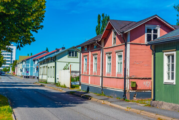 Sticker - Colorful timber houses in Neristan district of Finnish town Kokkola