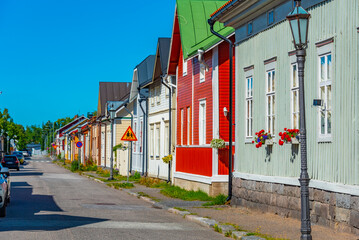 Sticker - Colorful timber houses in Neristan district of Finnish town Kokkola